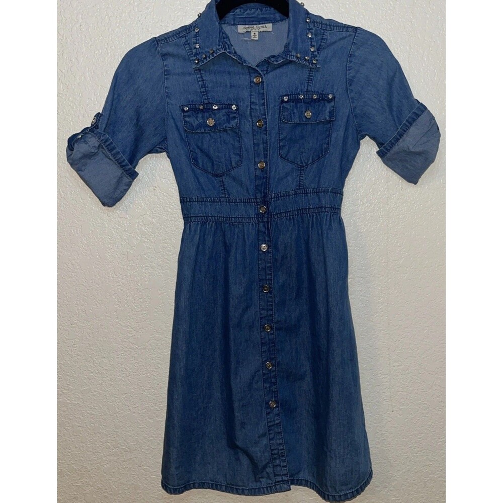 Speed Limit Girls Denim Dress Sz 8 Button Front Rhinestone Design